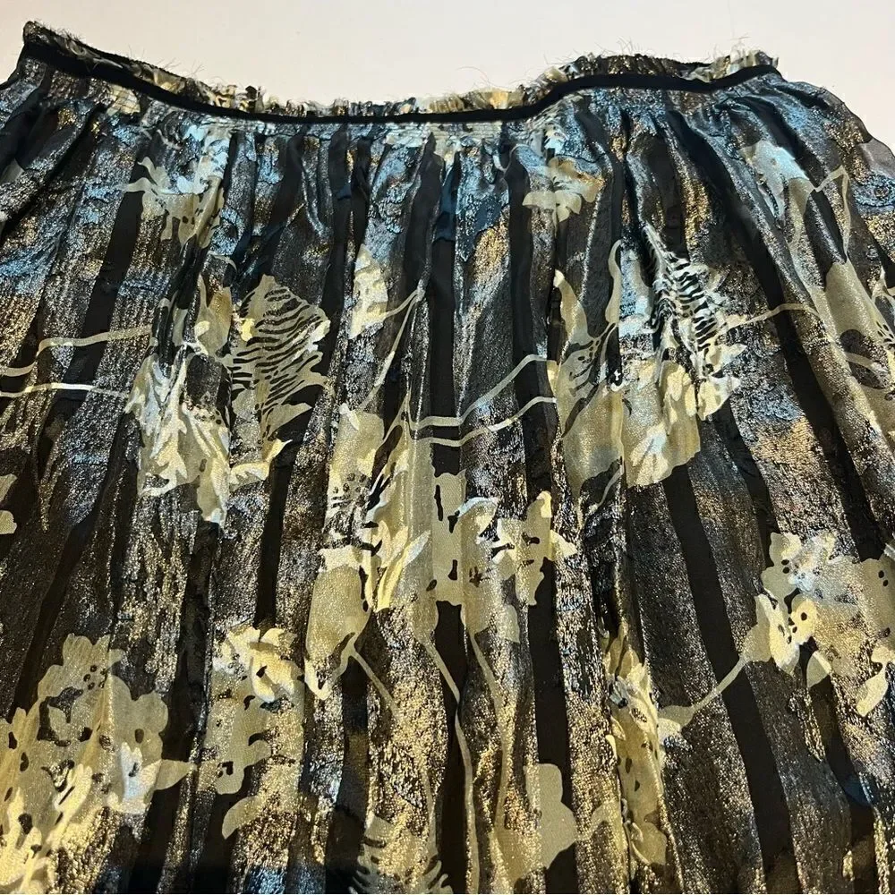 Charles Nolan Long Skirt Size 10 Black, green, silver floral pattern, shiny